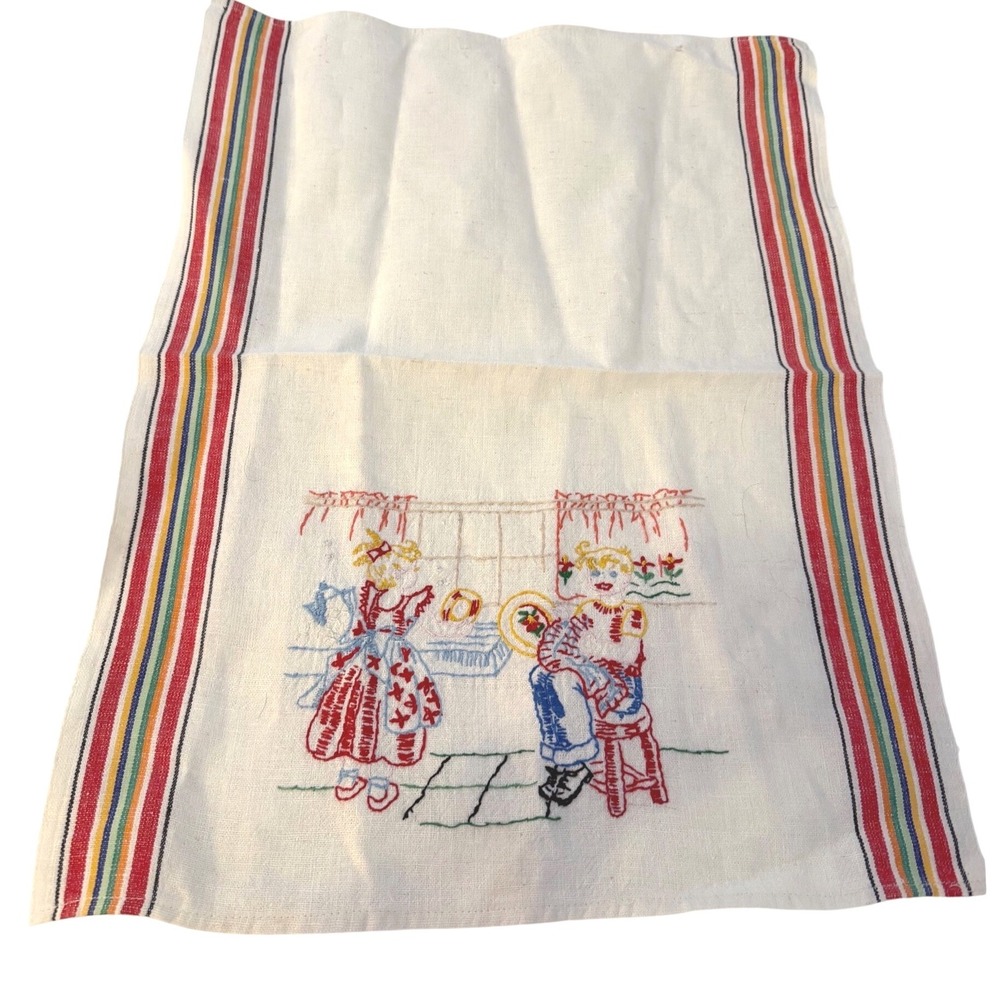 Vintage Hand Embroidered Tea Towel Rainbow Stripes Kitchen Scene Folk Art